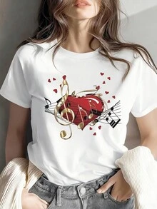 T-Shirt With Music And Love Print, Short Sleeves And Round Neck, Casual Style, Suitable For Summer And Spring, Women's Clothing - Unisex Loose Cotton T-Shirt With Short Sleeves And Round Neck, Urban Vintage Style. - 白色 - 查看 1
