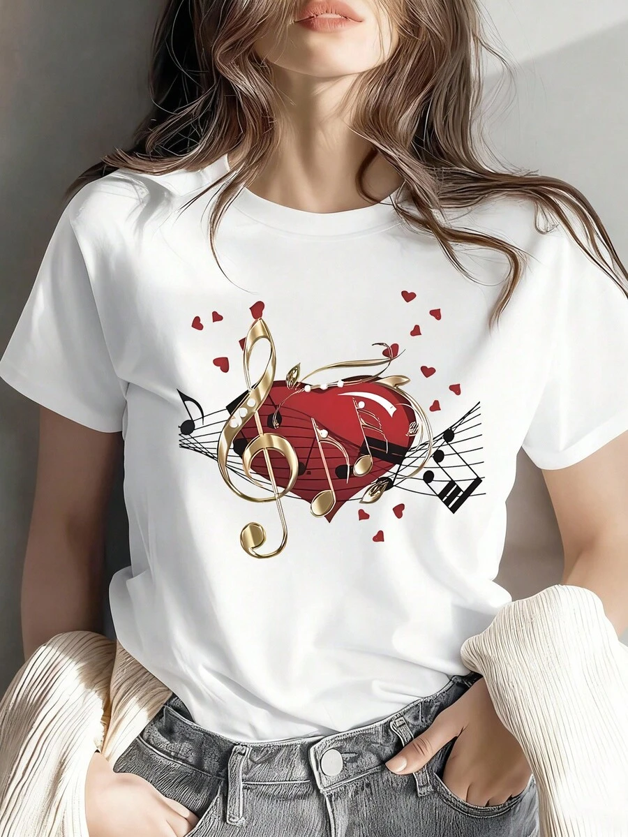 T-Shirt With Music And Love Print, Short Sleeves And Round Neck, Casual Style, Suitable For Summer And Spring, Women's Clothing - Unisex Loose Cotton T-Shirt With Short Sleeves And Round Neck, Urban Vintage Style. - 白色 - 查看 1