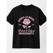 Soft 100% Cotton T-Shirt [100% Cotton] Raglan T-Shirt Chinga La Migra FDT FDT Protects And Defends Immigrants With Pink Rose Graphic For Casual Wear 2026, Comfortable Summer T-Shirt For Women, Breathable Cotton T-Shirt, Goes With Everything, Coolcool - 黑色 - 查看 3