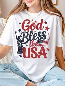 Women's Cotton T-Shirt, One Size Fits All, Crew Neck, American Flag T-Shirt, 4th Of July Flag T-Shirt, Cross T-Shirt, American Christian T-Shirt, Religious Gift, Independence Day Gift. WSY8 - 白色 - 查看 1
