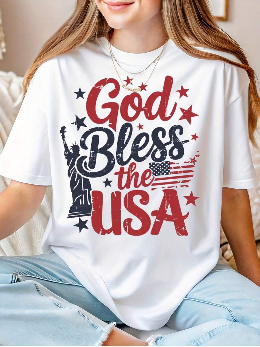 Women's Cotton T-Shirt, One Size Fits All, Crew Neck, American Flag T-Shirt, 4th Of July Flag T-Shirt, Cross T-Shirt, American Christian T-Shirt, Religious Gift, Independence Day Gift. WSY8 - 白色 - 查看 1