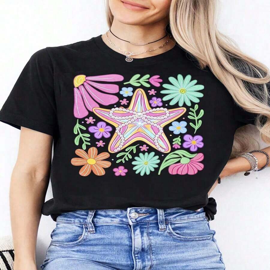 Fashionable Casual T-Shirt For Women With A Round Neck And Short Sleeves, Ideal For Everyday Wear And Sports. Features A Striking Magician Hat Print Design, Perfect As A Gift For Friends And Family. - 白色 - 查看 1