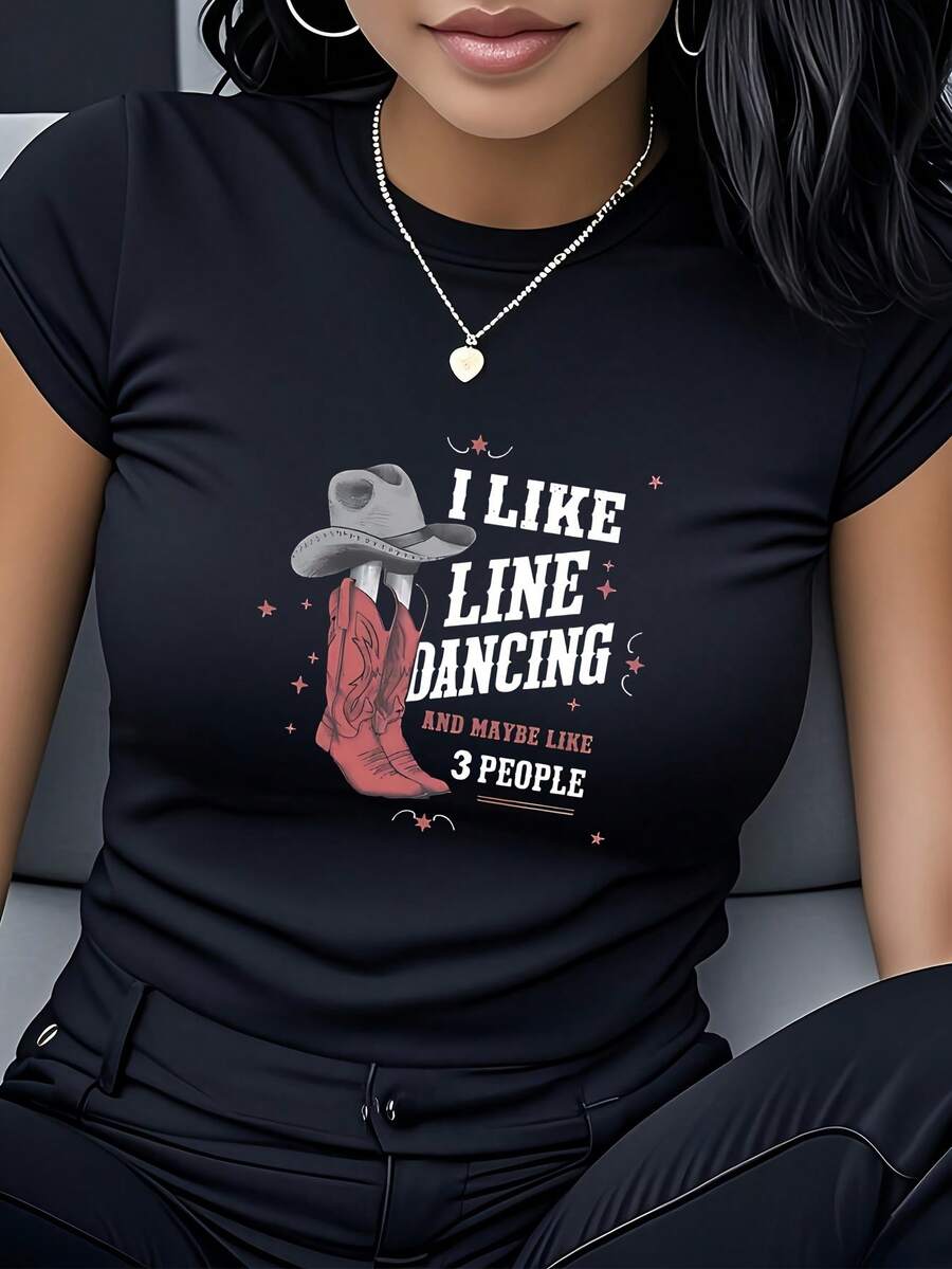 Women's T-Shirt Made Of Pure Cotton, Casual Loose Style, With "I Love Square Dancing" Print, Short Sleeves And Round Neck, Unique And Modern Western Cowboy Style, Perfect For Daily Use, Parties And Meetings, Suitable For Both Gifting And Personal Use. - 黑色 - 查看 1