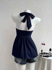 Top de tirantes con estampado de lunares marrones y detalle de nudo en la espalda para mujer, adecuado para verano, vacaciones de primavera, ceremonia de graduación, fiesta de boda, vacaciones elegantes, playa casual, estilo Y2K lindo y sexy y - Azul marino - Ver 2
