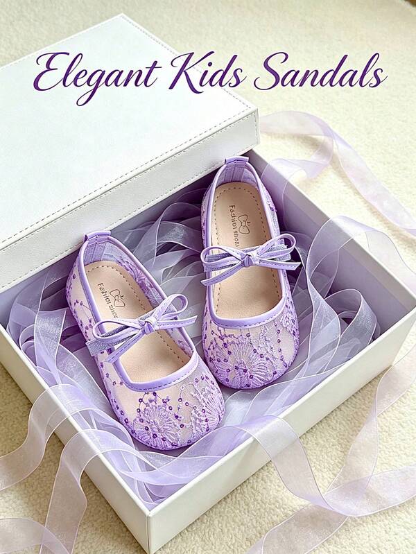 1 Pair Children Girls' Dreamy Purple Princess Flat Shoes, Suitable For Ballet Dancing, Can Be Worn In Spring, Summer And Autumn, With Mesh, Lace Pattern, Bow Design, Breathable And Comfortable, Slip-On Girls' Mary Jane Shoes, Suitable For Parties And Gifts