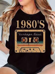 New Arrivals For Summer. Women's Crew Neck T-Shirt With A Vintage 80s Cassette Tape Print, Casual Loose Fit. Blouse, Shirt > Beautiful. - 黑色 - 查看 1