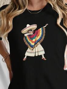 Women's T-Shirt - Mexican Traditional Print T-Shirt - Casual Short-Sleeved Crew Neck Top With Bright Geometric Patterns, Suitable For Summer And Spring, Machine Washable, Casual Everyday Style. | Traditional Dress Shirt | Women's Medium-Stretch Fabric Top - 黑色 - 查看 12