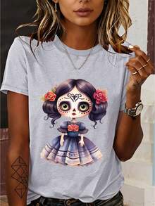 Women's T-Shirt, Mexican Day Of The Dead Design, Watercolor Makeup Skull Illustration, Custom Printed Sweatshirt, Casual Crew Neck Sweatshirt For Spring Summer, Short Sleeve T-Shirt, Women's Standard Size, Comfortable Top 40990, Women's Going Out Clothes - 白色 - 查看 8