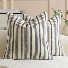 1pc Black Striped Throw Pillow Cover (Pillow Insert Not Included), Modern Stylish Soft Chenille & Faux Linen Blended Dual-Color Striped Comfortable Cushion Cover, Suitable For Home Sofa, Bedroom, Decor, All Seasons - Black - View 11