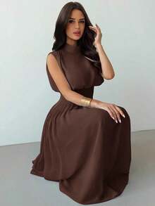 elegante de cuello alto y cintura ceñida con silueta evasé para mujer, vestido de verano, ropa de primavera/verano, atuendo de playa, para ir al trabajo, elegante, sexy, vacaciones, playa, bohemio, Hawái, festival de música, romántico, cit - Café integral - Ver 3