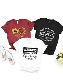 Fashion Item: Women's Casual Short-Sleeved T-Shirt With A Sunflower And Butterfly Print And The Text "Warning: The Girls Are Drinking Again, I Don't Know How To Behave Properly" Printed On It. This Women's Short-Sleeved Crew Neck T-Shirt Is Made Of Pure Cotton, Making It Breathable And Comfortable. It's A Casual Sports Top, Perfect For A Vacation. - 黑色 - 查看 6
