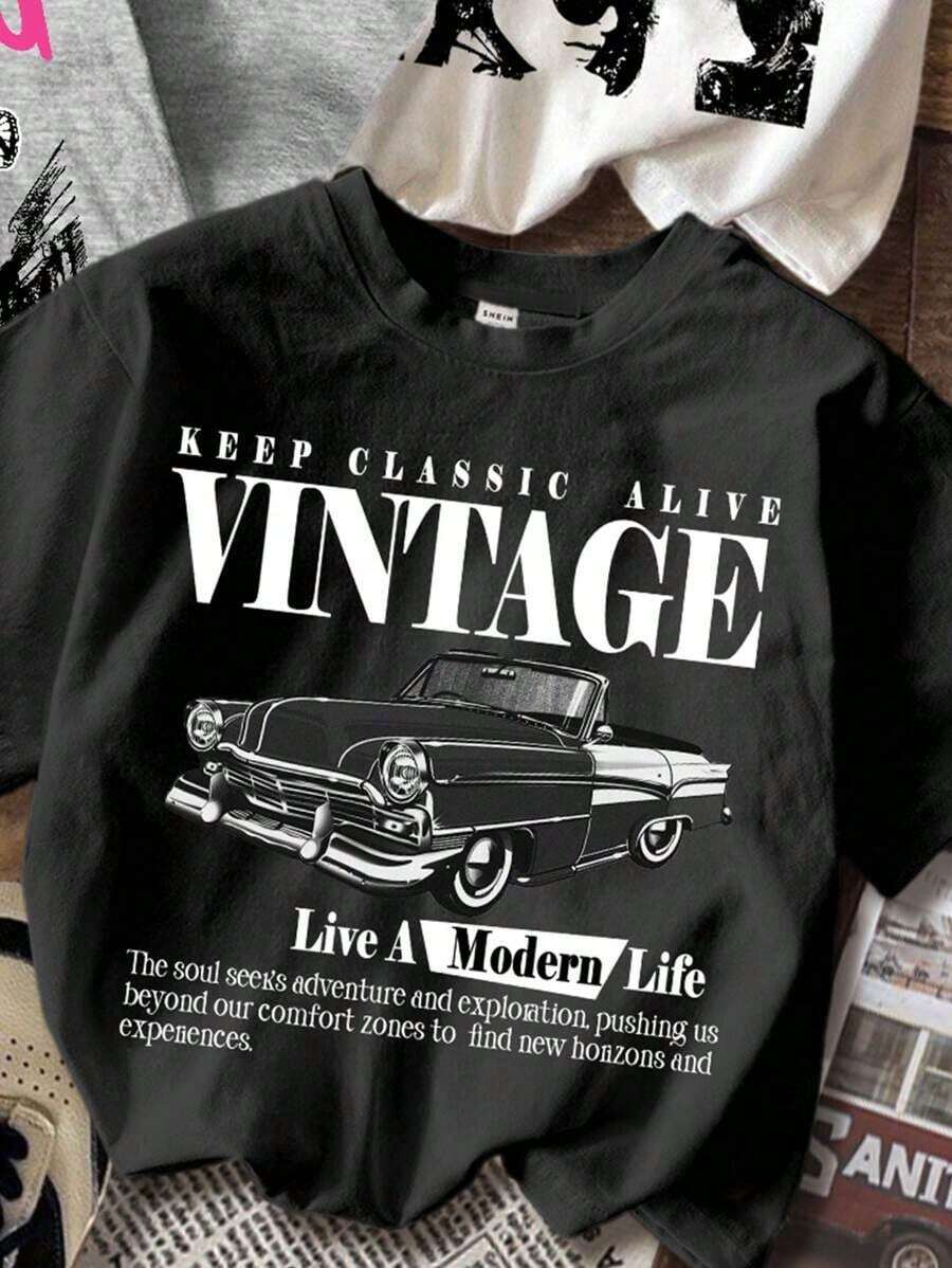 Set de 3 camisetas cortas de mujer de manga corta, ajustadas, con cuello redondo y estampados gráficos de siluetas de coches vintage y de ciudad, adecuadas para el verano - Negro - Ver 1