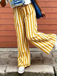 Pantalones sueltos y casuales a rayas para mujer, pantalones ligeros y cómodos de estilo bohemio elegante para primavera, verano y otoño, vacaciones en color rosa - Amarillo - Ver 3