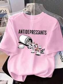 Camiseta de manga corta con cuello redondo estampada con "Anti-Depresivo" de perro lindo.Nueva camiseta de manga corta con cuello redondo holgada y versátil de estilo minimalista y casual con estampado lindo, adecuada para uso diario y de vacaciones. - Rosa - Ver 4