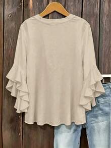 Plus Size Women Solid Color Ruffle Sleeve V-Neck Blouse Top - Khaki - View 3