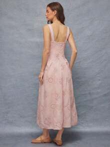 x Tata & Beatriz  Vestido midi sin mangas con ajuste entallado y vuelo, escote corazón, copas con aros, bordado con conchas marinas, cintura baja, ideal para primavera y vacaciones en la playa - Rosa vieja - Ver 3