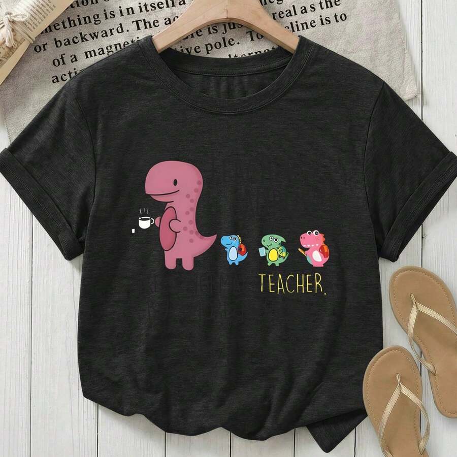 Women's Dinosaur Print T-Shirt - Lightweight And Breathable, Short Sleeve And Round Neck, Ideal For Teachers And Casual Wear, Spring Everyday Outfits, Machine Washable Blouse (Not See-Through) - 黑色 - 查看 1