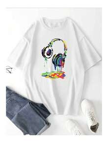 - Unisex Oversized Casual Summer Music Headphone Print T-Shirt, Comfortable And Loose, For Men - White - View 6