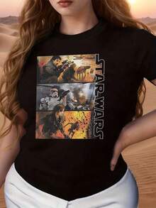 Escenas épicas de batalla galáctica que simbolizan la lucha entre la luz y la oscuridad con soldados futuristas y energía en movimiento camiseta de mujer  cómoda y moderna para uso diario - Negro - Ver 1