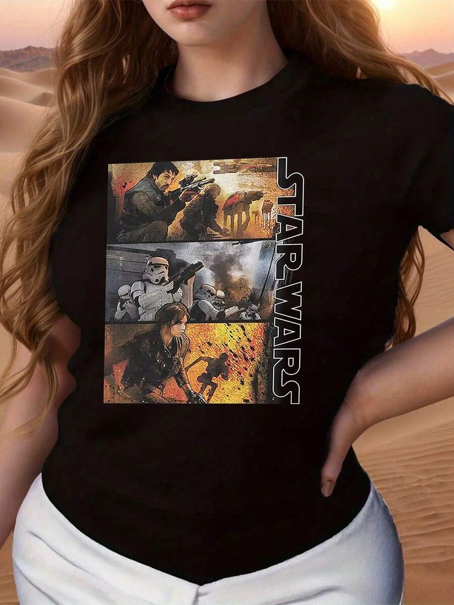 Escenas épicas de batalla galáctica que simbolizan la lucha entre la luz y la oscuridad con soldados futuristas y energía en movimiento camiseta de mujer cómoda y moderna para uso diario - Negro - Ver 1
