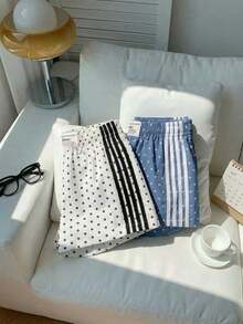 2 piezas Shorts casuales de estilo callejero para mujer con contraste de color en la cinta, shorts de lunares, verano - Multicolor 3 - Ver 3