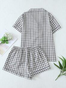 piezas de pijama con pantalón corto, de manga corta y estampado a cuadros para mujeres, ropa de estar por casa de verano - Blanco y Negro - Ver 2