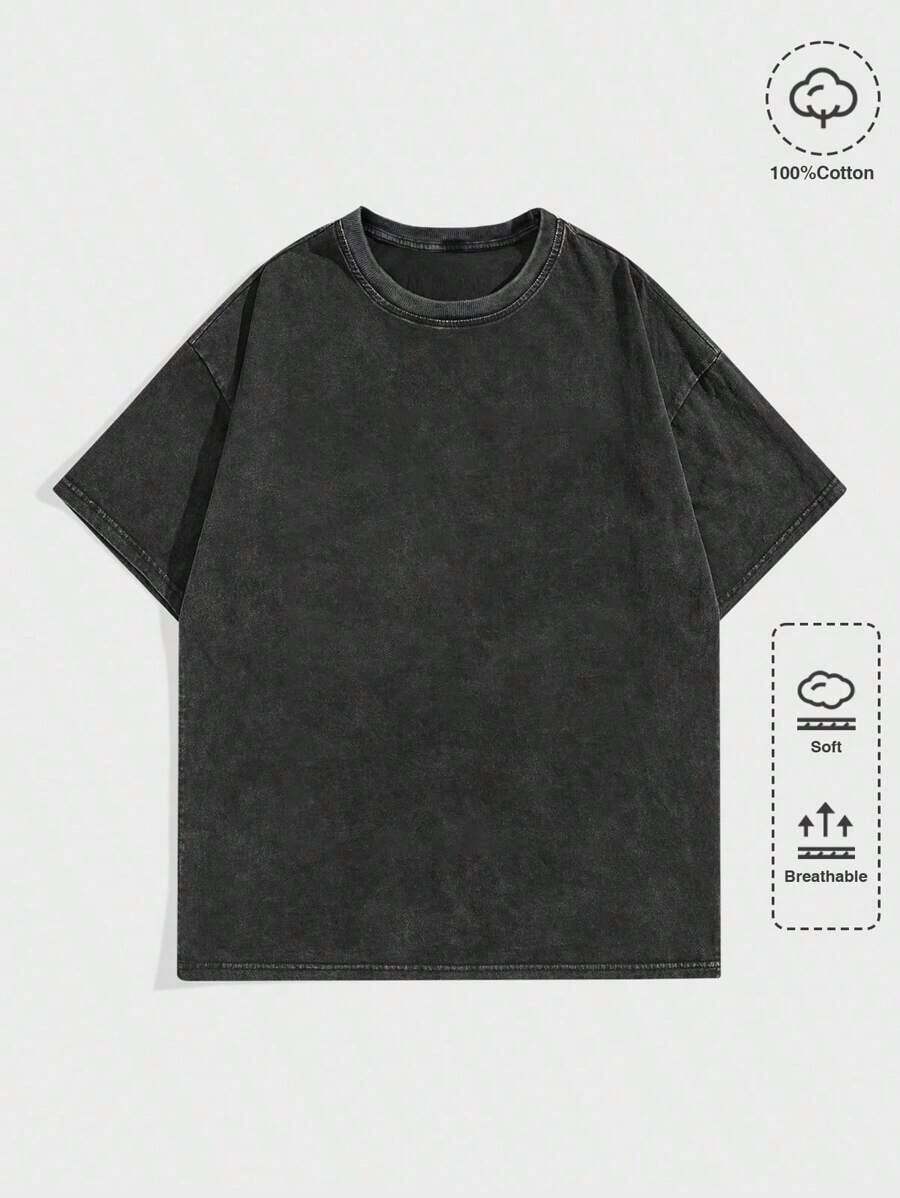 Women's & Men's ROMWE MEN Men's Casual Versatile Solid Color Round Neck Short Sleeve Summer T-Shirt - 黑色 - 查看 1