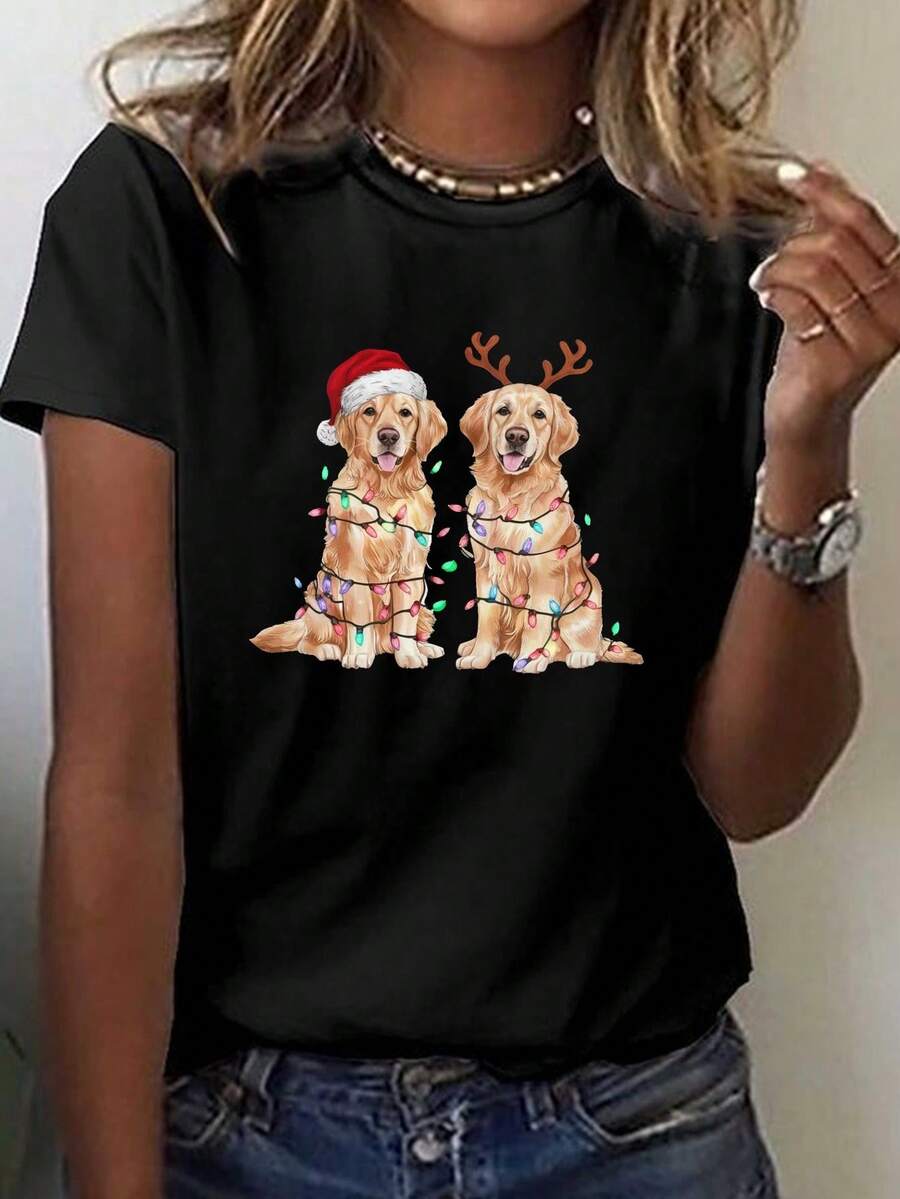 Women's Graphic T-Shirt With Christmas Lights And Golden Retrievers - Crew Neck, Relaxed Fit For Everyday Wear Or Parties, Perfect For Spring, Summer, And Winter! Festive Print Of A Golden Retriever Santa Claus. Medium Stretch Fabric, Hand Washable. Animal-Themed Underwear - 黑色 - 查看 1