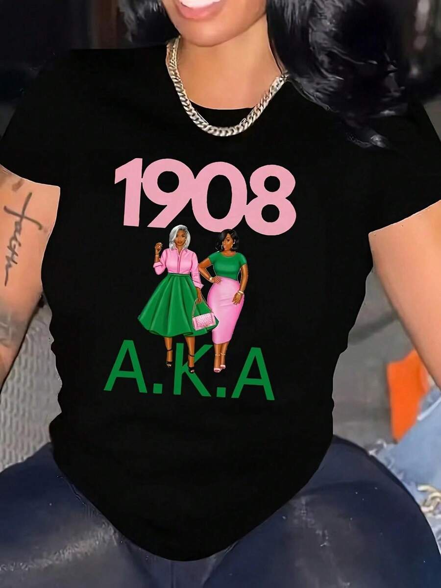 Women's 100% Cotton Casual T-Shirt With Abstract Portrait Print AKA 1908, Loose And Breathable Short Sleeves, Machine Washable, Versatile Outfit, Modern Design, Lightweight And Comfortable, Spring/Summer Fashion - 黑色 - 查看 1