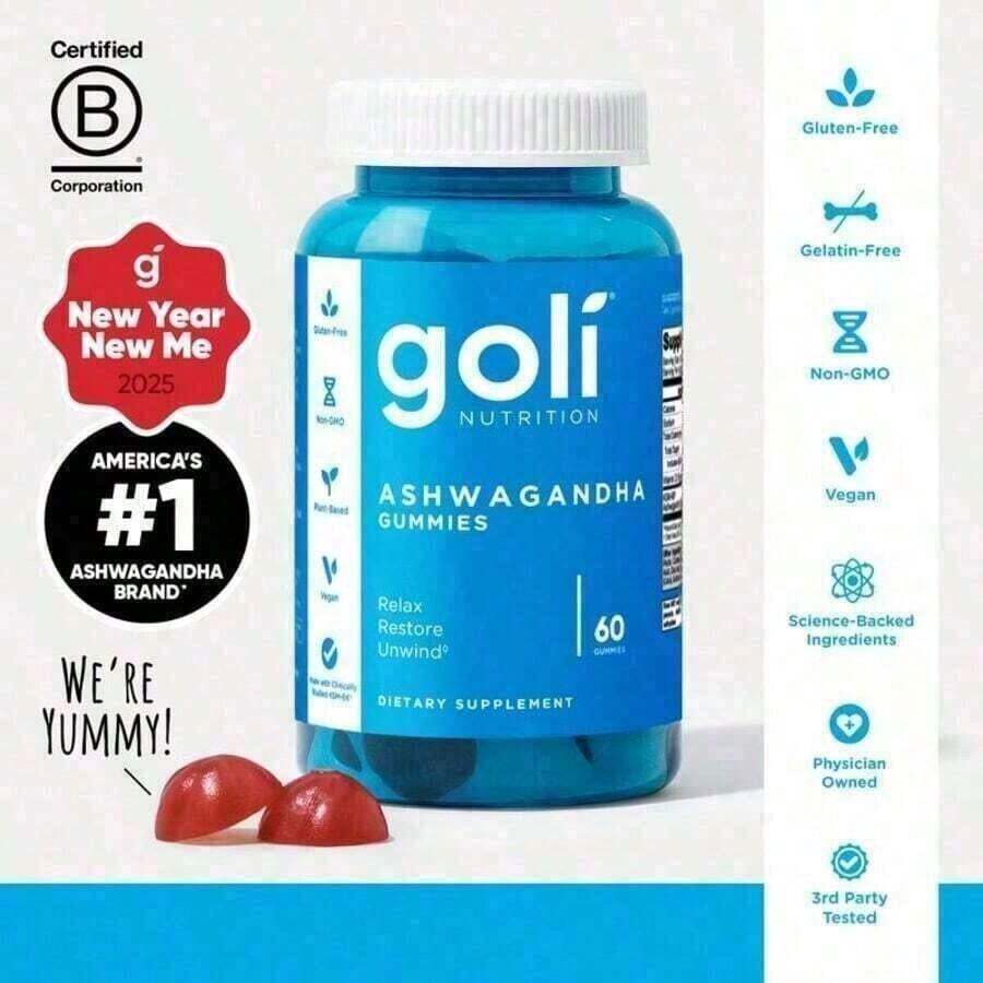 Goli Ashwagandha Gummies With Vitamin D & KSM-66 – Mixed Berry Flavor, Vegan, Non-GMO, Gluten & Gelatin Free – 60 Gummies Per Bottle - 1 gói - Xem 1