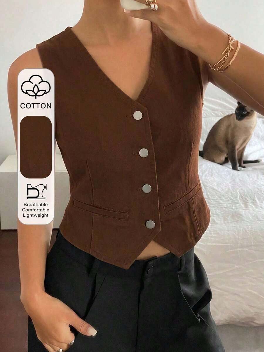Chaleco vaquero casual con cuello en V para mujer - Marrón - Ver 1