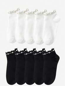 1/3/6/8/10 /12Pairs Women's Pearl-Embellished Ruffle Ankle Socks, Solid Color Casual No-Show Socks - Black and White - View 5