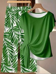 Clasi Conjunto de 2 piezas de blusa con moño elegante y minimalista en color rosa, combinada con pantalones de pierna ancha con estampado floral, adecuado para el verano - Multicolor 2 - Ver 1