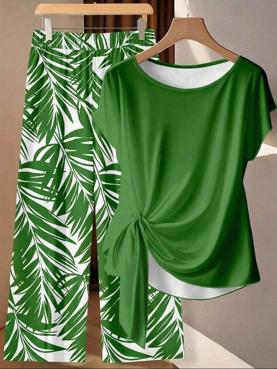 Clasi Conjunto de 2 piezas de blusa con moño elegante y minimalista en color rosa, combinada con pantalones de pierna ancha con estampado floral, adecuado para el verano - Multicolor 2 - Ver 1