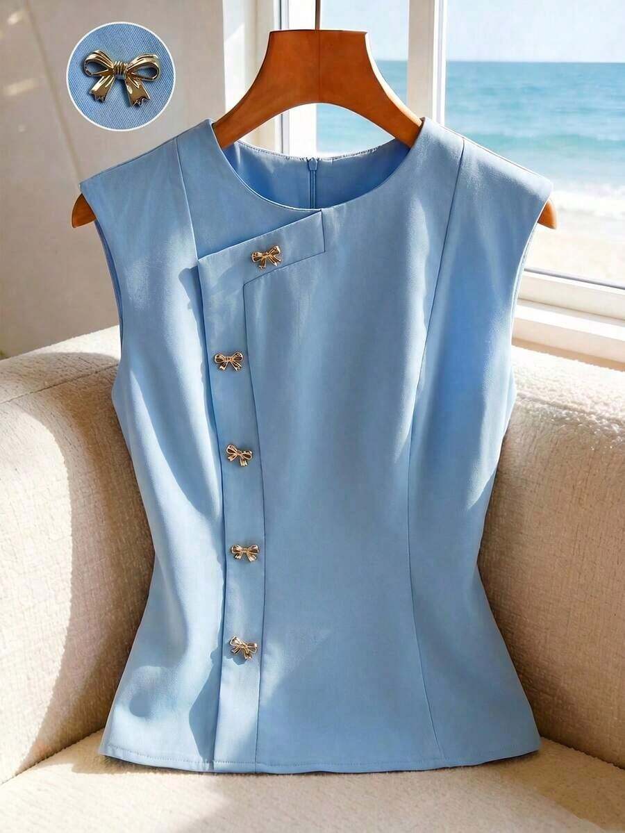 Top sin mangas para mujer con cuello redondo, cintura ceñida y lazo metálico - Azul - Ver 1