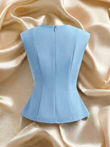 Top sin mangas para mujer con cuello redondo, cintura ceñida y lazo metálico - Azul - Ver 2