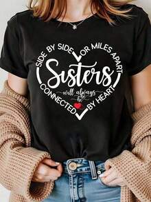 Sister Graphic Print Women's T-Shirt, Breathable Short Sleeve Casual Top With Round Neck For Women, Fashion Clothing, Workout Tops, Casual Daily Wear - 黑色 - 查看 1