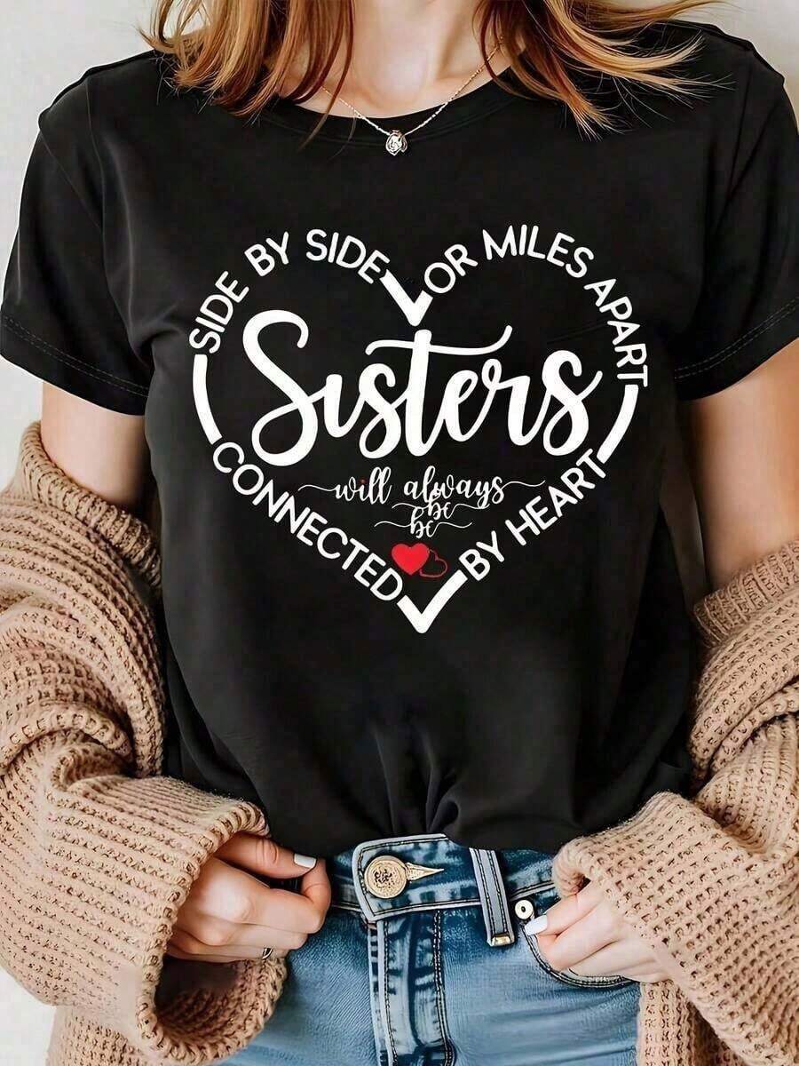 Sister Graphic Print Women's T-Shirt, Breathable Short Sleeve Casual Top With Round Neck For Women, Fashion Clothing, Workout Tops, Casual Daily Wear - 黑色 - 查看 1