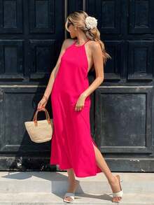 Vestido casual de vacaciones de corte moderno, de cuello halter, cruzado y con nudo en la espalda - Rosa Fucsia - Ver 7