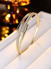 1 pezzo Bracciale rigido di lusso leggero alla moda con intarsio geometrico in zirconia, accessorio di gioielleria di alta gamma con design di nicchia, bracciale a cuffia aperto versatile per il pendolarismo - braccialetto - Visualizzare 7