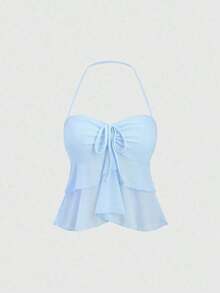 Top de tirantes de cuello halter de unicolor, uso diario simple, estilo Y2K para mujer - Celeste - Ver 1