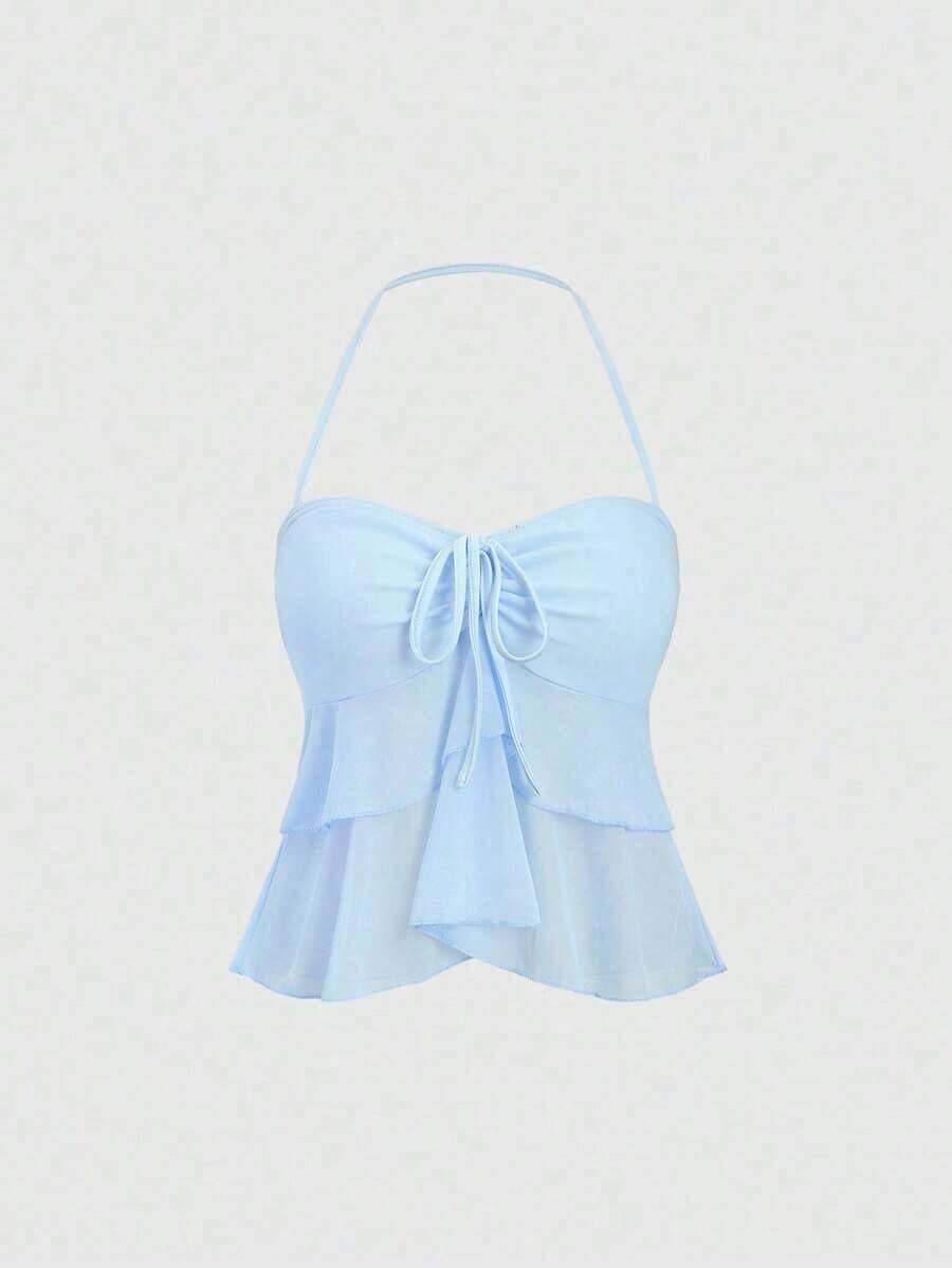 Top de tirantes de cuello halter de unicolor, uso diario simple, estilo Y2K para mujer - Celeste - Ver 1