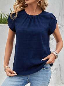 Blusa con manga de pétalos y parte trasera con cerradura y un solo color - Azul - Ver 5