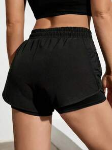 Pantalones cortos de yoga 2 en 1 para mujeres, hechos de tela de secado rápido con bolsillos de malla - Adecuados para fitness casual, entrenamientos en el gimnasio - Ideal para el verano - Diseñado específicamente para mujeres - Perfecto para un estilo de vida activo - Negro - Ver 2