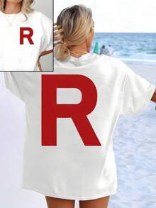 Large Letter R Symbolizing Strength, Energy And Renewal Printed On The Front And Back In Vibrant Contrast. Women's Double-Sided Casual T-Shirt For Summer, Beach And Everyday Wear - 白色 - 查看 1