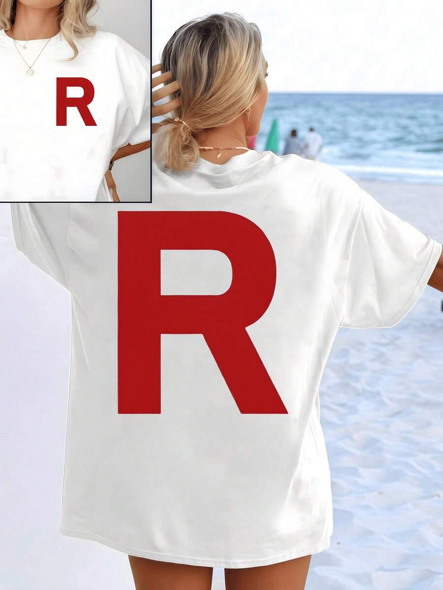 Large Letter R Symbolizing Strength, Energy And Renewal Printed On The Front And Back In Vibrant Contrast. Women's Double-Sided Casual T-Shirt For Summer, Beach And Everyday Wear - 白色 - 查看 1