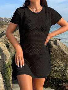 Conjunto de ropa de verano para mujer - Cubierta de playa de unicolor con cortes huecos, estilo de vacaciones de verano - Negro - Ver 5