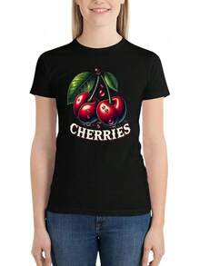 playera gráfica de algodón para mujer, estilo casual, lindo, color cereza, estilo clásico - Estilo negro. - Ver 2