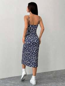 Vestido ajustado para mujer con tirantes de espagueti y abertura lateral con estampado floral diminuto - Azul marino - Ver 2