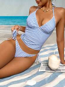 Swim Mod Conjunto de bikini a cuadros de cereza dulce - Azul y blanco - Ver 4